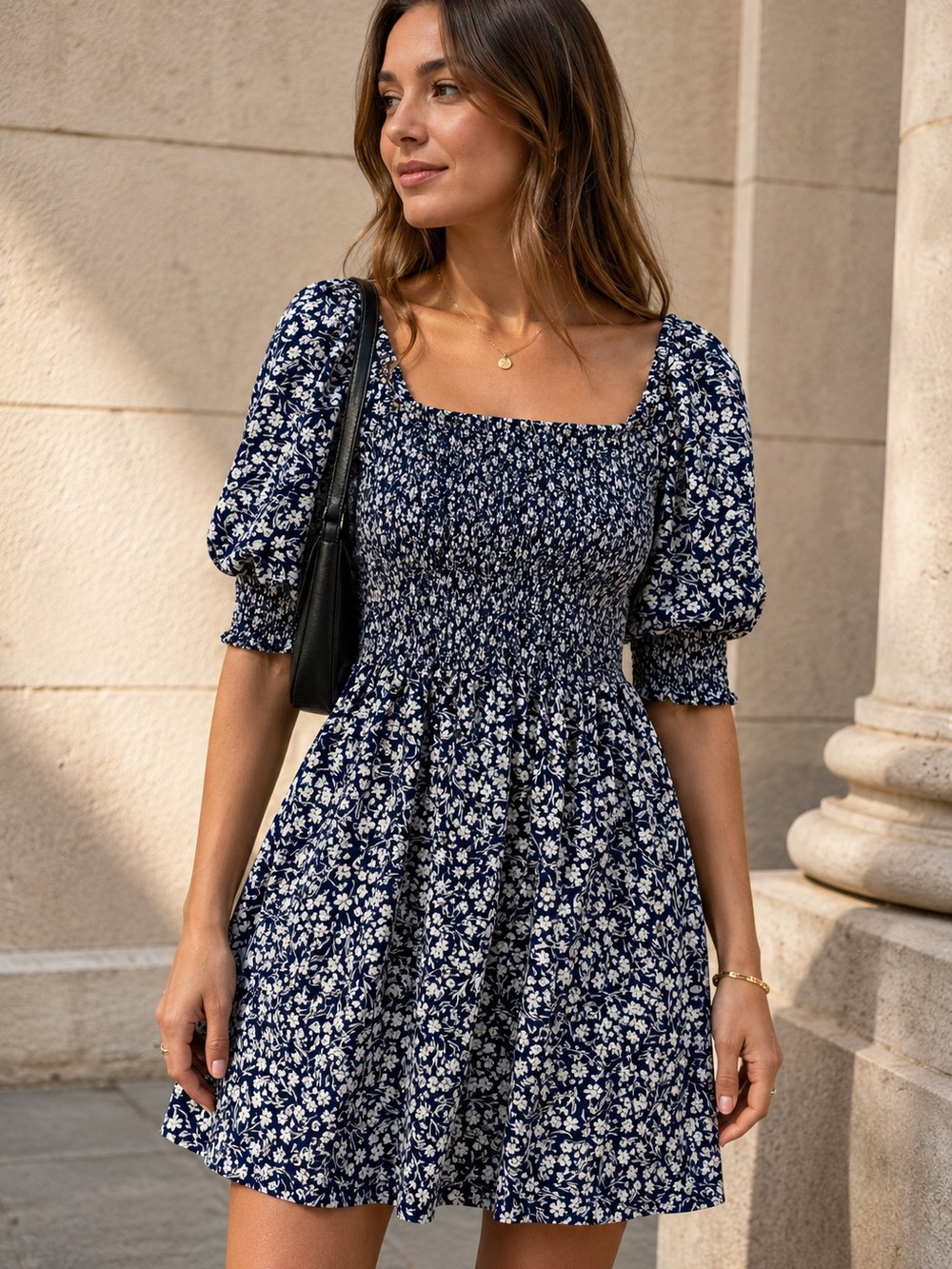 MSK Navy and White Floral Smocked Puff-Sleeve Mini Dress